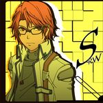  akito_(owata11) axel_almer glasses lowres male_focus parody persona persona_4 red_eyes red_hair solo super_robot_wars 