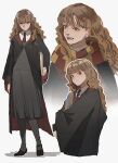 1girl black_jacket black_shoes brown_eyes brown_hair collared_shirt commentary english_commentary full_body grey_pantyhose grey_skirt grey_vest harry_potter_(series) hermione_granger highres hiiragimare hogwarts_school_uniform jacket long_hair long_skirt looking_at_viewer mary_janes multiple_views necktie pantyhose red_necktie scarf school_uniform shirt shoes skirt smile vest white_shirt wizarding_world 