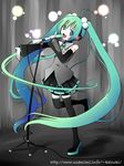  detached_sleeves gradient_hair green_eyes green_hair hatsune_miku kazuharu_kina long_hair microphone microphone_stand multicolored_hair music necktie singing skirt solo spring_onion thighhighs twintails very_long_hair vocaloid 