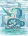  cloud copyright_request day dragon efira fantasy grey_hair highres landscape mountain scenery sky water 