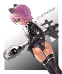  :o ass back bangs black_background black_legwear blue_eyes breasts busou_shinki character_name doll_joints from_behind gloves gradient gradient_background gun holding holding_weapon katahira_masashi kneepits leotard looking_at_viewer looking_back murmeltier open_mouth pink_hair profile rifle short_hair slim_legs small_breasts solo standing thigh_gap thighhighs weapon 