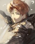  1boy aiming armor black_gloves black_shirt bow_(weapon) brown_hair embers gloves green_eyes high_collar highres holding holding_bow_(weapon) holding_weapon kai_(shadow_slave) logicsterrr looking_at_viewer pov serious shadow_slave shirt short_hair shoulder_armor sidelighting solo upper_body weapon 