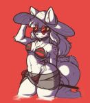 anthro bikini botanics canid canine clothing eyewear female fox fur fur_markings glasses hair hand_behind_back mammal markings pattern_bikini pattern_clothing pattern_swimwear red_background riko_(botanics) simple_background solo striped_bikini striped_clothing striped_swimwear stripes summer_hat swimwear tied_hair translucent translucent_clothing two-piece_swimsuit white_body white_fur