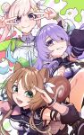  3girls airani_iofifteen animal_ears area_15 ayunda_risu brown_hair commentary_request double_v green_eyes hair_bun highres hololive hololive_idol_uniform_(color_rise) hololive_indonesia long_hair low_twintails moona_hoshinova multiple_girls paint_splatter paint_splatter_on_face pink_hair purple_eyes purple_hair rlus side_ponytail squirrel_ears squirrel_tail star_(symbol) tail tongue tongue_out twintails v v_over_eye virtual_youtuber 
