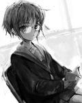  book glasses greyscale kita_high_school_uniform monochrome nagato_yuki non-web_source school_uniform serafuku short_hair solo staring suzumiya_haruhi_no_yuuutsu tomatika 