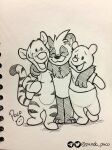 3:4 anthro artist_logo bear chest_tuft closed_smile disney dot_eyes eyes_closed featureless_crotch felid giant_panda group logo male male_anthro mammal markings monochrome mouth_closed nude open_mouth open_smile pandapaco pantherine signature simple_background simple_eyes smile standing striped_arms striped_legs striped_markings striped_tail stripes tail tail_markings tiger tigger trio tuft winnie_the_pooh_(franchise)