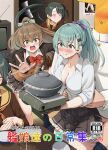  4girls blazer blush bow bowtie breasts brown_hair brown_skirt brown_sweater_vest bulge collared_shirt commentary_request cooking_pot cover cover_page door dress_shirt erection erection_under_clothes green_eyes green_hair hashitsuki_nata highres ichikawa_feesu implied_sex jacket kantai_collection kumano_(kancolle) kumano_kai_ni_(kancolle) mikuma_(kancolle) mikuma_kai_ni_(kancolle) military_uniform mogami_(kancolle) mogami_kai_ni_(kancolle) multiple_girls nata_(tool) naval_uniform neckerchief nose_blush orange_hair orange_neckerchief penis_under_another's_clothes pleated_skirt ponytail red_bow red_bowtie school_uniform serafuku shirt skirt spill stove suzuya_(kancolle) suzuya_kai_ni_(kancolle) sweater_vest t-head_admiral television twintails white_shirt 