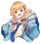  1girl :d badge blonde_hair blue_jacket blue_necktie blush braid button_badge commentary_request cropped_torso green_eyes hair_ornament hair_over_shoulder hair_ribbon hand_on_own_hip hand_up head_tilt index_finger_raised jacket juunishi_aya kaburaki_roco kaburaki_roco_(school_uniform) lapel_pin long_hair long_sleeves looking_at_viewer low_twin_braids necktie nijisanji open_clothes open_jacket open_mouth plaid_clothes plaid_necktie red_ribbon ribbon school_uniform simple_background smile solo sweater teeth transparent_background twin_braids upper_teeth_only variant_set virtual_youtuber x_hair_ornament yellow_sweater 