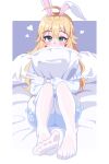  1girl ahoge animal_ears blonde_hair blush covering_own_mouth feet gloves green_eyes heart holding holding_pillow hoshii_miki hotshosho idolmaster idolmaster_(classic) idolmaster_million_live! idolmaster_million_live!_theater_days long_hair long_sleeves looking_at_viewer no_shoes official_alternate_costume on_bed pantyhose pillow pyonpyon_rabbit_(idolmaster) rabbit_ears sitting solo toes v white_gloves white_pantyhose 