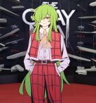 1girl ascot belt black_belt blouse buttoned_cuffs buttons closed_mouth collared_shirt dress_shirt green_hair hair_over_one_eye highres kazami_yuuka kazami_yuuka_(pc-98) long_hair long_sleeves looking_at_viewer open_clothes open_vest pants plaid_clothes plaid_pants plaid_vest red_eyes red_pants red_vest shirt smile solo touhou touhou_(pc-98) very_long_hair vest white_shirt yellow_ascot yimudesu 