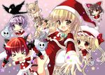  &gt;_&lt; alice_margatroid bad_id bad_pixiv_id blonde_hair capelet christmas closed_eyes flandre_scarlet futaba_miwa hakurei_reimu kaenbyou_rin kirisame_marisa komeiji_satori multiple_girls reiuji_utsuho reiuji_utsuho_(bird) santa_costume touhou 