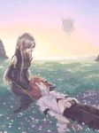  1girl artist_request blue_eyes brown_hair couple elbow_gloves garden gloves hetero long_hair luke_fon_fabre red_hair sleeping tales_of_(series) tales_of_the_abyss tear_grants 