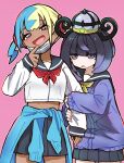  2girls :d alternate_costume aqua_hair aqua_sweater arm_hug black_hair black_sailor_collar black_skirt blonde_hair blunt_bangs bob_cut canari_(pokemon) clothes_around_waist commentary_request dark-skinned_female dark_skin gwynn_(pokemon) hat highres holding_another's_arm long_sleeves looking_at_viewer mask mask_pull meta-g_(curc8737) midriff mouth_mask multicolored_hair multiple_girls neckerchief pink_background pleated_skirt pokemon pokemon_legends:_z-a purple_eyes purple_hair purple_sweater red_neckerchief sailor_collar school_uniform shirt short_hair skirt sleeves_past_wrists smile split-color_hair sweater sweater_around_waist two-tone_hair white_shirt yellow_neckerchief yuri 