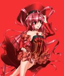  another_blood demonbane dress hat long_hair red red_background red_eyes red_hair shinjin_marimo simple_background solo 