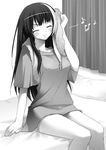  bad_id bad_pixiv_id bottomless breasts closed_eyes covered_nipples greyscale kimishima_ao large_breasts long_hair monochrome multicolored_hair musical_note original sitting solo towel two-tone_hair 