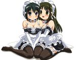  :d black_hair blue_eyes blush breasts cleavage elbow_gloves garter_straps gloves green_eyes green_hair highres hug kagejou kore_ga_watashi_no_goshujin-sama kuramachi_anna large_breasts legs long_hair maid multiple_girls no_shoes open_mouth sawatari_izumi short_hair sitting smile thighhighs v_arms wariza zettai_ryouiki 