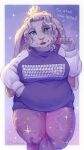 2025 5_fingers anthro belly_overhang big_breasts blue_eyes border breasts buckteeth claws clothed clothing computer_keyboard dialogue digital_media_(artwork) ear_markings english_text eyebrows eyelashes facial_markings female fern_(tasanko) fingers fully_clothed fur grey_markings hair hand_on_hip head_markings lagomorph leggings legwear leporid lips long_ears looking_at_viewer mammal markings multicolored_clothing multicolored_sweater multicolored_topwear noviraine open_mouth open_smile overweight overweight_female pattern_clothing pattern_leggings pattern_legwear pink_inner_ear pink_leggings pink_lips pink_nose purple_clothing purple_sweater purple_topwear rabbit signature simple_background smile solo star_symbol sweater talking_to_viewer teeth text thick_thighs tied_hair topwear two_tone_clothing two_tone_sweater two_tone_topwear white_body white_border white_fur wide_hips