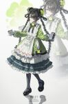  1girl absurdres alternate_costume apron bare_shoulders black_bow black_bowtie black_hair black_nails bow bowtie braid braided_hair_rings buzhichun_(xinyue_tongxing) clover_hair_ornament commentary_request double_bun dress ellet_j expressionless fingernails four-leaf_clover_hair_ornament frilled_apron frilled_dress frills full_body green_dress green_eyes grey_pantyhose hair_bun hair_ornament hair_over_one_eye hair_rings highres holding holding_coffee_pot holding_saucer lolita_fashion long_dress long_fingernails long_hair looking_at_viewer low_twin_braids mary_janes one_eye_covered pantyhose saucer shoes solo twin_braids very_long_hair white_apron white_background xinyue_tongxing zoom_layer 
