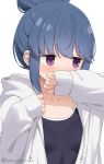  1girl blue_hair blush collarbone commentary_request covered_mouth covering_own_mouth hair_bun hand_over_own_mouth highres hood hooded_jacket jacket long_sleeves nekosination purple_eyes school_swimsuit shima_rin simple_background single_hair_bun solo swimsuit twitter_username upper_body white_background yurucamp 