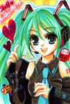  blue_eyes detached_sleeves green_hair hatsune_miku headset jimadita long_hair necktie solo traditional_media twintails vocaloid 