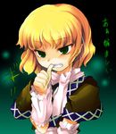  arm_warmers biting blonde_hair green_eyes mizuhashi_parsee pointy_ears scarf short_hair solo thumb_biting tilm touhou translated 