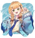 1girl :d artist_name badge blonde_hair blue_background blue_jacket blue_necktie blush border braid button_badge commentary_request cropped_torso green_eyes hair_ornament hair_over_shoulder hair_ribbon hand_on_own_hip hand_up head_tilt highres index_finger_raised jacket juunishi_aya kaburaki_roco kaburaki_roco_(school_uniform) lapel_pin long_hair long_sleeves looking_at_viewer low_twin_braids necktie nijisanji open_clothes open_jacket open_mouth outline outside_border plaid_clothes plaid_necktie red_ribbon ribbon school_uniform signature smile solo star_(symbol) sweater teeth twin_braids upper_teeth_only variant_set virtual_youtuber white_border white_outline x_hair_ornament yellow_sweater 