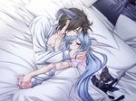  1girl afterglow ashe_(under_the_moon) bed black_hair blue_hair blush cat closed_eyes couple game_cg hetero holding_hands horns kiss kyle_(under_the_moon) long_hair sleeping toujou_sakana under_the_moon 