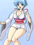  bare_legs blue_eyes blue_hair breasts cleavage happy isu japanese_clothes jigoku_sensei_nube kimono large_breasts legs long_hair lowres solo yukime_(jigoku_sensei_nube) 
