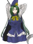  1girl arms_behind_head blue_skirt blue_vest breasts expressionless green_eyes green_hair hair_between_eyes hat highres holding holding_staff large_breasts long_hair long_sleeves looking_at_viewer mima_(touhou) parted_lips shirt skirt solo staff touhou touhou_(pc-98) vest white_background white_shirt youna_nan 