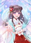  1girl blunt_bangs blush brown_hair cherry_blossoms double_bun floating_hair flower hagoromo hair_bun hair_flower hair_ornament highres japanese_clothes kamishiro_mio long_hair looking_at_viewer miko open_mouth petals purple_eyes reaching reaching_towards_viewer shawl sidelocks sparkle virtual_athomecafe virtual_youtuber yuuyu_(moco20111115) 