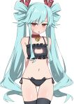  1girl bell bemani black_bra black_panties black_thighhighs blue_hair blush bra cat_cutout cat_ear_panties cat_lingerie choker clothing_cutout collarbone commentary cowboy_shot dot_nose highres jingle_bell jubeat long_hair looking_at_viewer maud maud0239 navel neck_bell open_mouth panties red_choker red_eyes side-tie_panties simple_background solo sweatdrop thighhighs twintails underwear white_background 