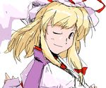  blonde_hair face hat kanoe_soushi lowres oekaki one_eye_closed solo touhou yakumo_yukari 