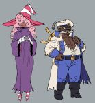  1boy 1girl admiral_bobbery anchor_symbol big_nose black_boots blue_pants blush_stickers boots braid braided_ponytail coat collared_shirt curly_hair dark-skinned_female dark-skinned_male dark_skin dress facial_hair facing_viewer fuse gloves gold_buckle grey_hair hair_over_eyes hand_on_belt hand_up hat hat_over_one_eye high_collar highres humanization jewelry kaibootsu knee_boots long_dress long_hair long_mustache long_sleeves looking_at_viewer mario_(series) mustache own_hands_together pants paper_mario paper_mario:_the_thousand-year_door partially_unbuttoned patchwork_clothes pectoral_cleavage pectorals personification pink_hair ponytail purple_dress ring sailor sailor_hat ship's_wheel shirt silver_ring smile steepled_fingers striped_clothes striped_hat striped_headwear striped_shoes thick_mustache torn_clothes torn_dress two-tone_headwear very_dark_skin vivian_(paper_mario) wavy_mouth white_coat white_gloves white_shirt wide_sleeves witch_hat yellow_eyes 