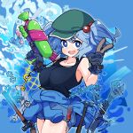  1girl armpits black_tank_top blue_eyes blue_hair blue_overalls blush breasts bright_pupils collarbone gears gloves gram_9 hammer hat highres kawashiro_nitori large_breasts medium_hair overalls parted_lips smile solo splattershot_(splatoon) tank_top teeth thighs touhou two_side_up v water white_pupils wrench 