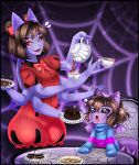  1girl 1other absurdres animal_ears arthropod_girl bat_ears blue_sweater bow brown_hair bug cake chat_(dante_will) colored_sclera colored_skin cookie cosplay cup dante_will extra_arms extra_eyes fangs food frisk_(undertale) frisk_(undertale)_(cosplay) hair_bow highres holding holding_teapot monster_girl muffet muffet_(cosplay) neobaka open_mouth portuguese_commentary purple_eyes purple_skin raposavioleta red_sclera sandwich short_hair short_sleeves silk sleeves_past_fingers sleeves_past_wrists smile spider spider_girl spider_web striped_clothes sweater tea teacup teapot twintails two-tone_sweater undertale utdr_(toby_fox) 