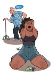  1boy 1girl aged_up balding black_hair black_pants black_tank_top blue_shirt blue_shorts breasts closed_eyes crying dark-skinned_female dark_skin english_text grand_theft_auto grand_theft_auto:_vice_city grand_theft_auto_vi hands_up hawaiian_shirt highres in-franchise_crossover jewelry kamii_momoru lucia_caminos necklace old old_man open_mouth pants polo_shirt screaming shirt short_sleeves shorts sitting sleeveless speech_bubble standing stuffed_toy tank_top teeth thighs tommy_vercetti tongue watch white_hair wristwatch 