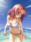  blue_eyes breasts cleavage cowboy_shot denim denim_shorts front-tie_top katahira_masashi medium_breasts midriff ocean original red_hair shirt shorts solo tied_shirt 