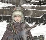  bullet caterpillar_tracks coat fingerless_gloves gloves ground_vehicle gun military military_vehicle motor_vehicle one_eye_closed original scar short_hair snow solo stitches tank unagi_(sougansouji) weapon white_hair yellow_eyes 