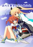  blonde_hair fate_testarossa lyrical_nanoha magical_girl mahou_shoujo_lyrical_nanoha mahou_shoujo_lyrical_nanoha_a's mahou_shoujo_lyrical_nanoha_strikers multiple_girls panties pantyshot pantyshot_(sitting) shoes sitting takamachi_nanoha thighhighs translation_request twintails underwear winged_shoes wings 