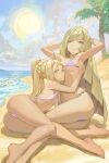  2girls arms_behind_head barefoot beach bikini blonde_hair blush cloud commentary_request day eyelashes glint green_eyes grin lillie_(pokemon) long_hair lusamine_(pokemon) mother_and_daughter multiple_girls outdoors pokemon pokemon_sm ponytail sand shore sky smile sun swimsuit toes tree water yugen99 