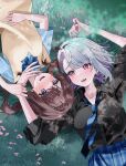  2girls black_shirt blue_bow blue_bowtie blue_eyes blurry blurry_foreground blush bow bowtie braid breasts brown_hair collarbone grey_hair hair_ornament hairclip holding_another's_wrist large_breasts long_hair looking_at_another lying medium_breasts medium_hair multiple_girls nail_polish on_back on_grass orange_eyes original parted_lips school_uniform shirt short_sleeves straight_hair sweater_vest yuri yuuyu_(moco20111115) 