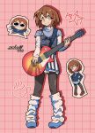  1girl 2025 artist_name blue_shirt brown_eyes brown_hair character_cutout commentary grey_pantyhose grid_background guitar hair_ornament hairclip highres hirasawa_yui holding holding_guitar holding_instrument instrument k-on! loose_socks pantyhose pink_background seisyun_c0mplex shadow shirt short_hair smile socks star_(symbol) white_socks 