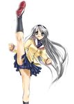  axe_kick blue_eyes clannad high_kick hikarizaka_private_high_school_uniform kicking long_hair panties sakagami_tomoyo school_uniform silver_hair solo underwear 