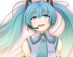  :d aqua_hair bangs collared_shirt crying detached_sleeves eyebrows_visible_through_hair gradient gradient_hair grey_shirt hair_between_eyes hair_ornament hatsune_miku headphones headset long_hair microphone multicolored_hair music necktie nekonote_(nekono_paraiso) open_mouth shirt singing smile solo twintails upper_body vocaloid 