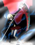  bad_id bad_pixiv_id blonde_hair cloak floating_hair holding holding_weapon light_rays long_sleeves maka_albarn ninomae pale_skin polearm scythe soul_eater soul_eater_(character) standing twintails weapon 