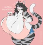 anthro big_breasts bottomwear breasts busty_boy_(lore) clothing crop_top denim denim_bottomwear denim_clothing denim_shorts domestic_cat eyewear felid feline felis female flamme_(flammtay) glasses hi_res huge_breasts hyper hyper_breasts male mammal saintsucrose shirt shorts simple_background solo striped_body stripes thick_thighs topwear wide_hips