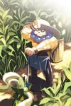  armband artist_request backpack bag beard cape corn corn_guy_(phantom_kingdom) demon eyebrows facial_hair farm garden hat jewelry king_drake male_focus nature necklace phantom_kingdom sun_hat 