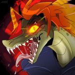1:1 alligatorid angry anthro bodily_fluids caiman crocodile crocodilian dangerous demonic demonic_eye demonic_eyes emotional eye_contact female glowing glowing_eyes hair hi_res hungry looking_at_another looking_at_viewer mysterious open_mouth orange_hair reptile saliva saliva_bubble saliva_on_tongue saliva_string scalie scary_eyes sharp_teeth snout solo teeth teeth_showing tongue tongue_out walk-w-igny