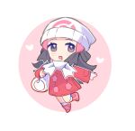  1girl bag beanie black_hair blush boots chibi chibi_only coat dawn_(pokemon) duffel_bag hair_ornament hat heart highres long_hair long_sleeves looking_at_viewer open_mouth pink_boots poke_ball_print pokemon pokemon_dppt pokemon_platinum red_coat scarf shocho_(shaojiujiu) smile socks solo white_hat white_scarf white_socks winter_clothes winter_coat 