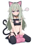  1girl animal_ear_hairband animal_ear_legwear animal_ears animal_hands bell black_bra black_choker black_hairband black_panties black_thighhighs blush bra cat_cutout cat_ear_hairband cat_ear_legwear cat_ear_panties cat_ears cat_lingerie cat_tail choker clothing_cutout collarbone commentary fake_animal_ears full_body gloves green_hair hairband highres jingle_bell kusanagi_nene long_hair looking_at_viewer maud0239 navel neck_bell open_mouth panties paw_gloves pink_gloves project_sekai purple_eyes side-tie_panties simple_background sitting solo spoken_blush sweatdrop tail thighhighs underwear wariza white_background 